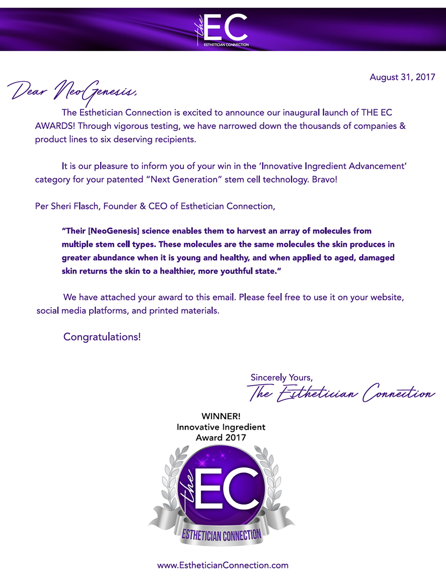 Esthetician Connection 2017 Innovative Ingredient Award - Winner NeoGenesis Inc.